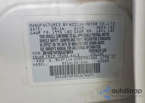2016 Nissan Sentra S z USA, uszkodzony, nr VIN 3N1AB7AP3GL676624